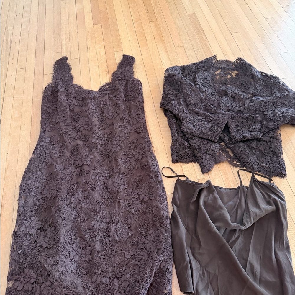 Monique Lhuillier Chocolate Brown Lace Dress with Matching Lace Jacket and Slip